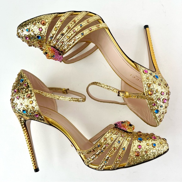 GUCCI || Crystal Tiger Head Gold Stone Embellished Heels Pumps EU 40.5 US 10.5 - Picture 12 of 16